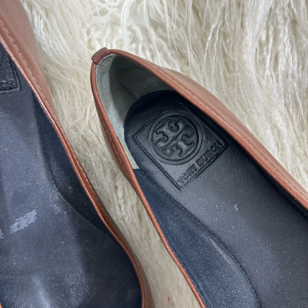 Tory Burch Pacey Cap-Toe‎ Brown Leather Ballet Flats Size 8.5M